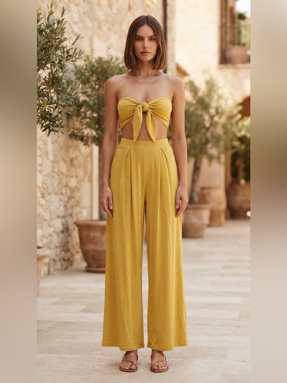 Women’s Yellow Tory Two Piece with Self-Double Layer Wide Leg Pants XL
